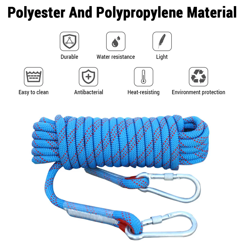 10mm Climbing Rope 10M/20M/30M Double Hook Durable Outdoor Rock High Strength Static Survival Emergency Fire Rescue Safety Rope