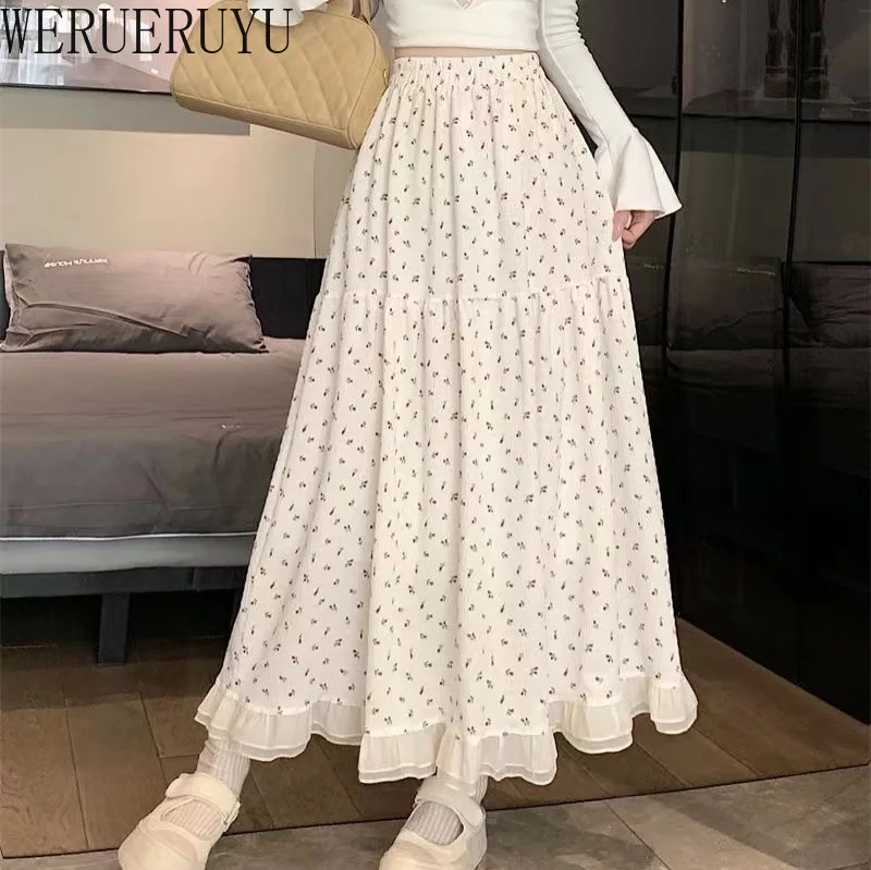 Summer White Floral Long Skirt Womens Y2k Clothes Fashion Elastic High Waist Casual Elegant Spliced Gauze Skirts for Women 2024