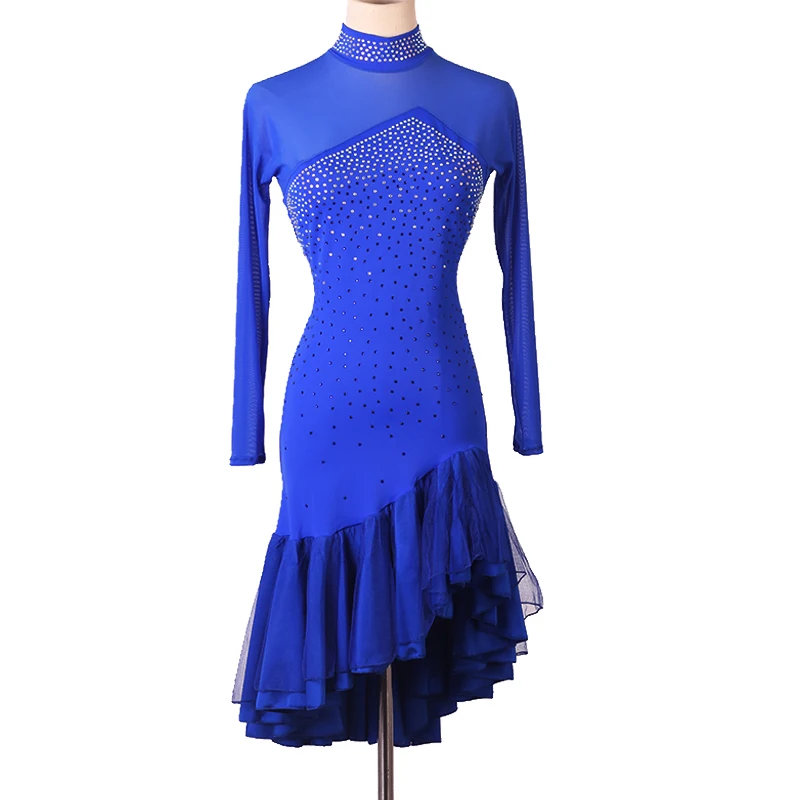 Latin Dance Dress Competition Black Long Sleeves Royal Blue Rhinestones Samba High Neckline Prom Dresses Performance Clothes Use