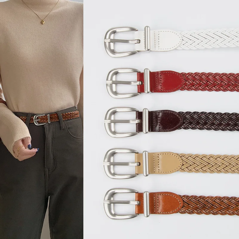 

Western Braided Leather Bran Paper Silver Pin Buckle Women Belt Fashion Woven Belt With Jwans
