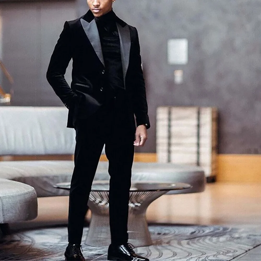 

Black Velvet Slim Suit For Men Satin Peaked Lapel Single Breasted Blazer Set Two Pieces Business Party Groom Wedding Suit