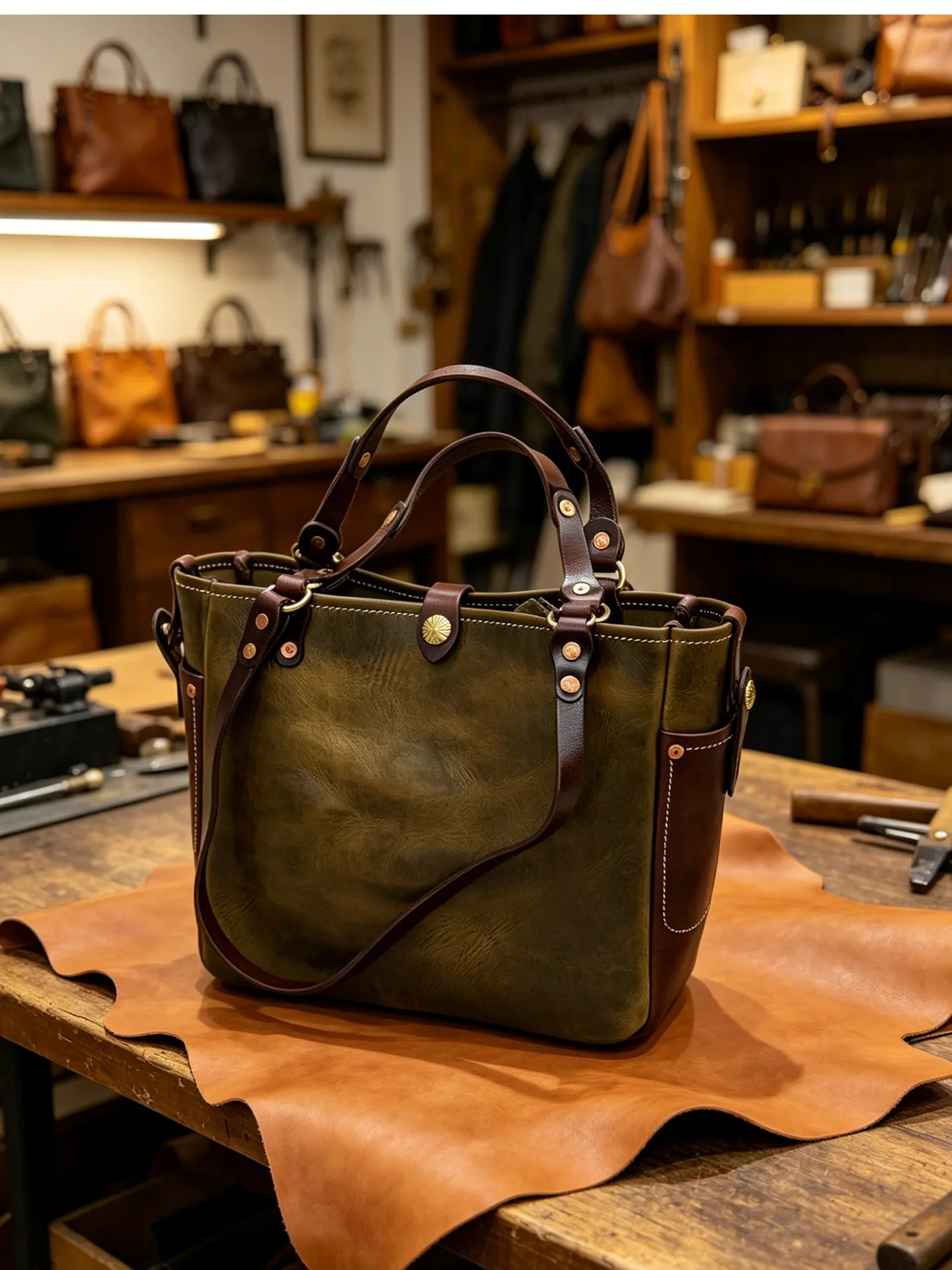 Vintage Designer Handgefertigte Arbeits-Tragetasche aus pflanzlich gegerbtem Rindsleder für Herren, Business Casual Luxus Naturleder Handtasche – Detail 4