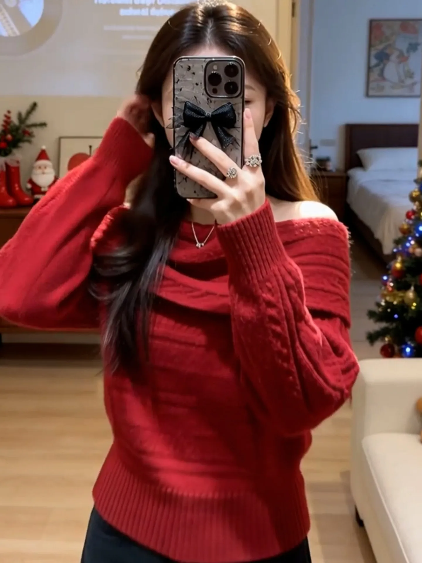 시사스 새해 레드 니트 스웨터 여성용 레이지 소프트 슬리브 원숄더 트위스트 플라워 겨울 롱 스웨터