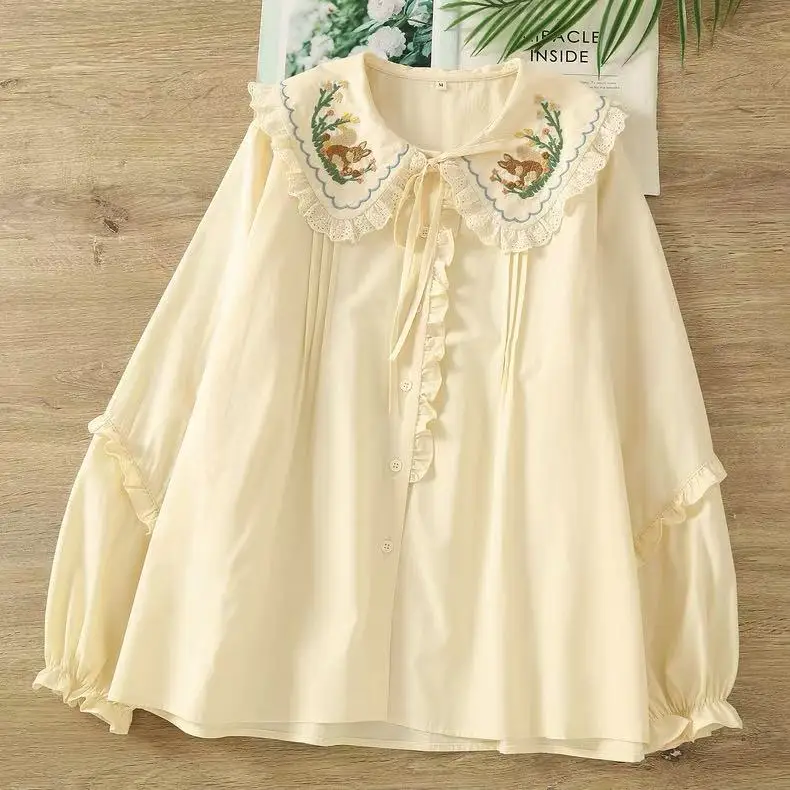 2026 Japanese Kawaii Lolita Lace Patchwork Blouses Women 100% Cotton Cartoon Embroidered Shirts Spring Girl Bow Tops
