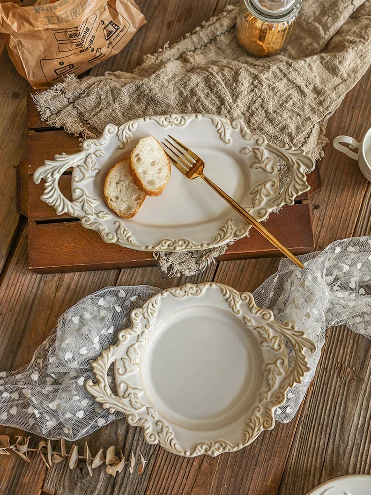 French-style kiln transformation retro relief plate, ceramic pasta plate, dessert Western cuisine double-ear arrangement plate