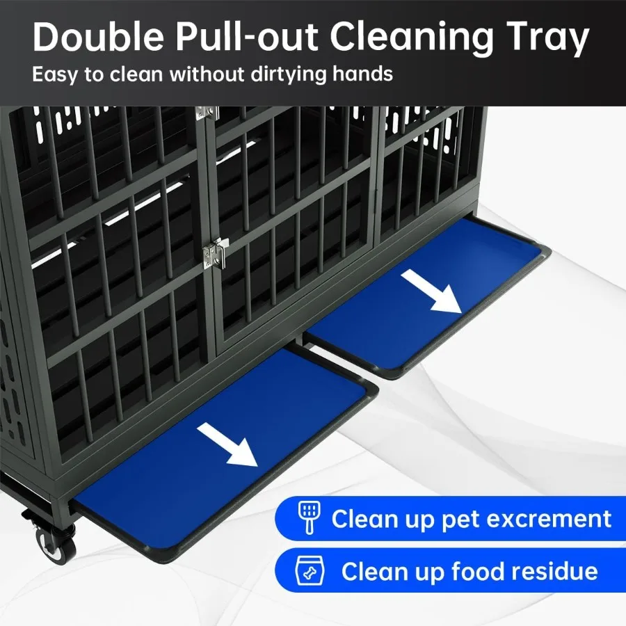 Caixa para cães resistente com rodas para cães grandes e médios 54/48/42/38 Polegada gaiola de metal dobrável com bandeja removível extra grande