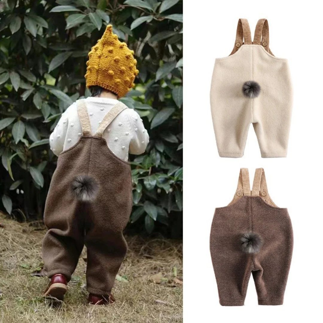 Children Sherpa Overall 2026 Autumn Winter Soft Warm Fleece Suspender Pants Baby Boy Girl Cute Bunny Tail Casual Long Pants