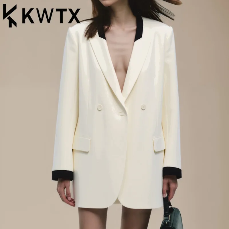 

KWTX Women's Blazer Color Block Patchwork V-neck Single Button Vintage Elegant High Quality 2025 Spring Summer Designer