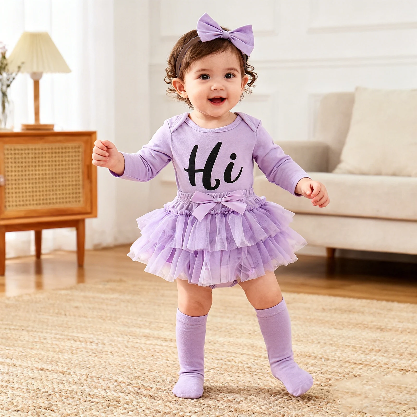 

Домашняя одежда для новорожденных девочек на день рождения, комбинезон с длинными рукавами и буквенным принтом, тюлевые шаровары, шорты, носки, головные уборы