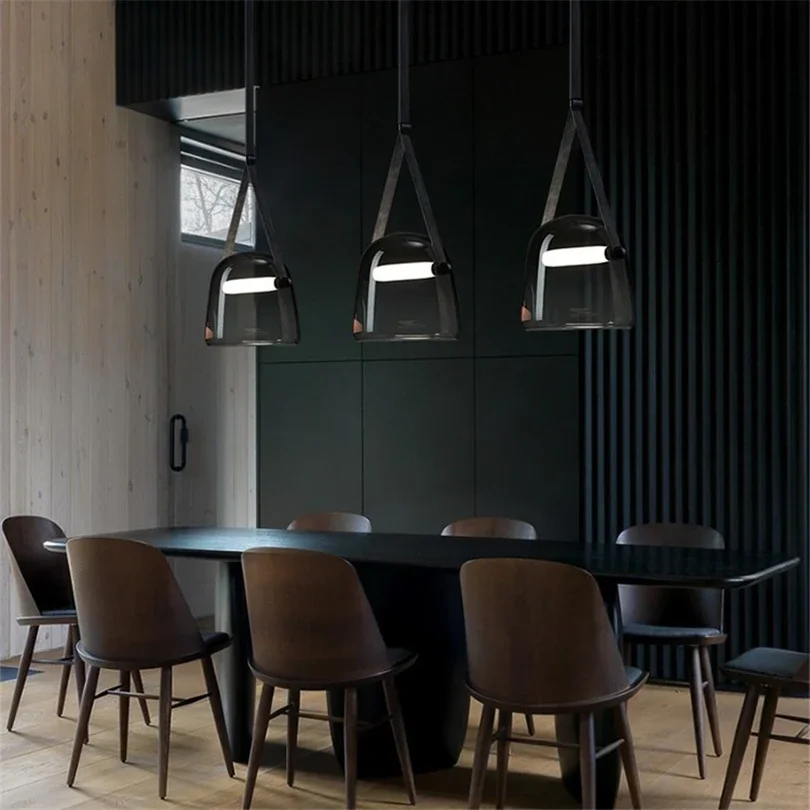 Modern Nordic Leather Accent LED Glass Pendant Light Post Minimalist Hanging Lamp for Bedroom Showroom Decor Creative Lighting