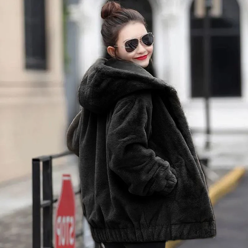 Winter Plus Velvet Warm Jacket Hooded Thicken Warm Korean Loose Faux Fur Coat Streetwear Long Sleeves Fashion Midi Outerwear