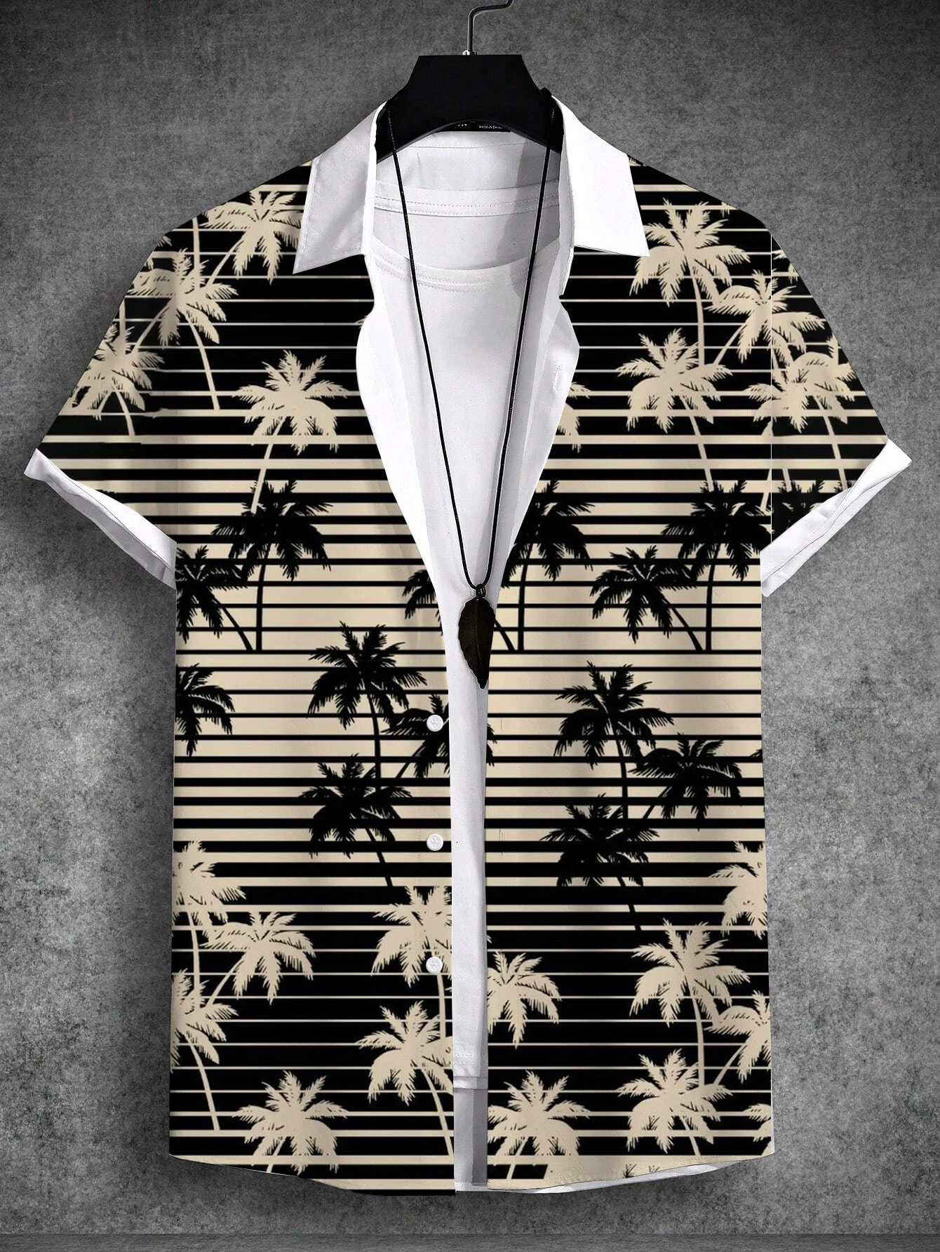 New Summer Men's Tropical Print Beach Vacation Set Plant Coconut Tree Short Sleeve Hawaiian Shirt 4-Way Stretch Fabric Shirts