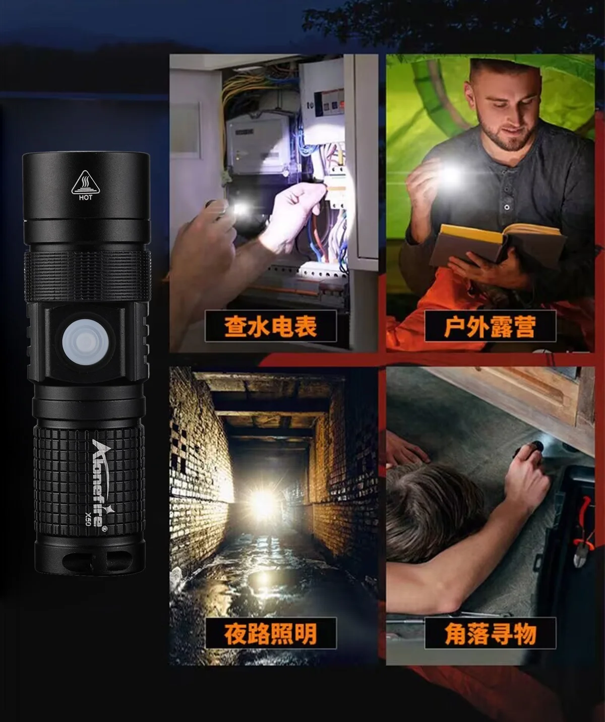 Portable Rechargeable Zoom LED Flashlight P200 Flash Light Torch Lantern 3 Lighting Modes Camping Light Mini Led Flashlight X50