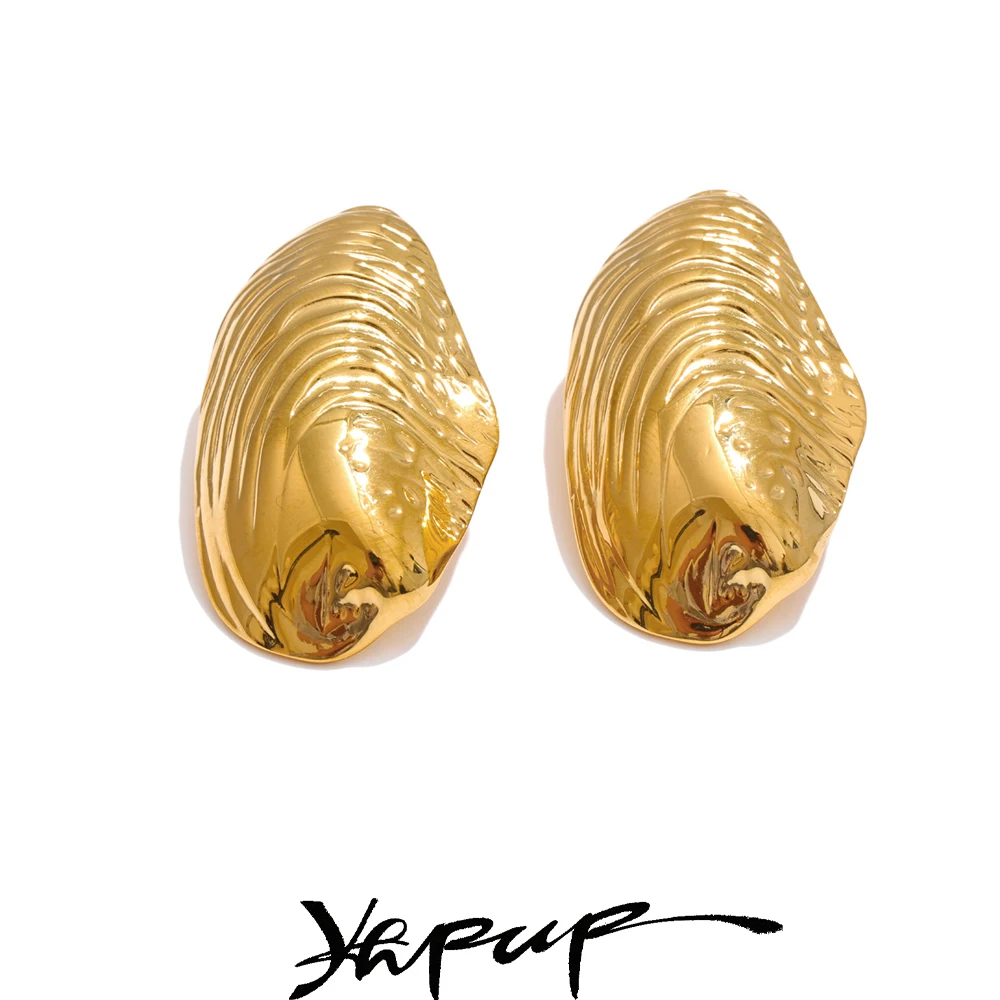 Yhpup Stainless Steel Statement Gold Color PVD Plated Big Stud Earrings for Women Jewelry Waterproof Charm Fashion Accessories