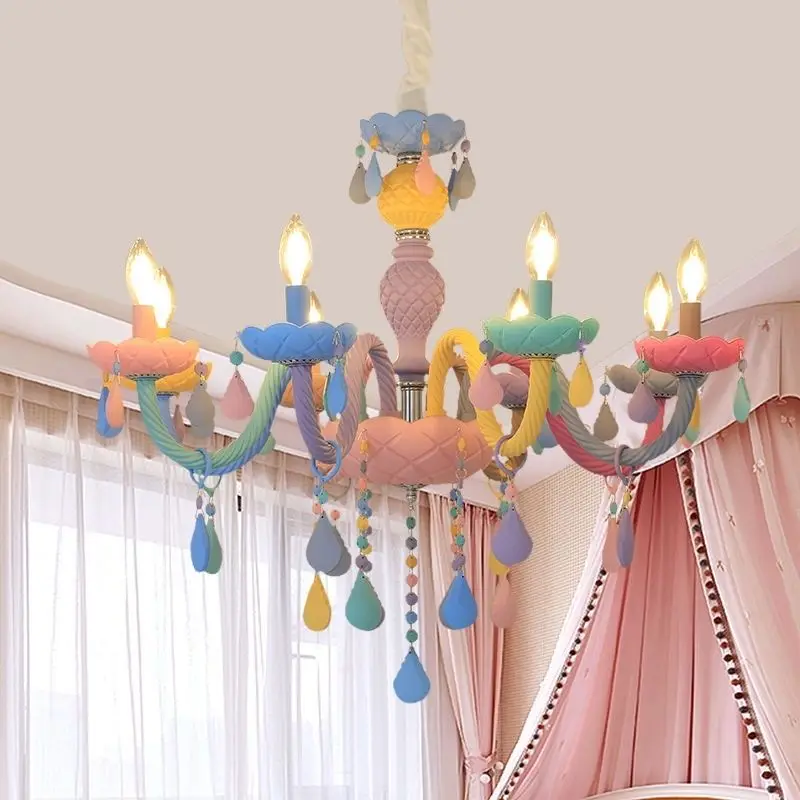 Candelabro de cristal de Color arcoíris, lustres para dormitorio de niños, lámparas de princesa Makaron, accesorio de luz de gota