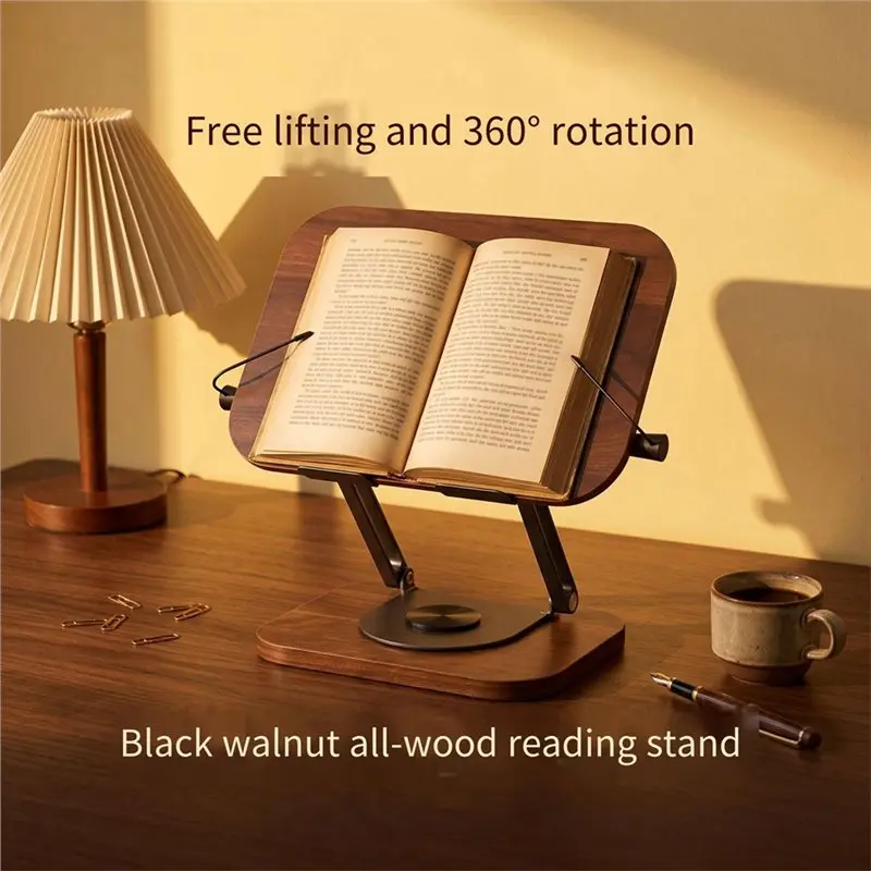 Ergonomic Heavy Book Stand With Expandable Page Holders 360 Rotating Base Adjustable Black Walnut Storage Tray