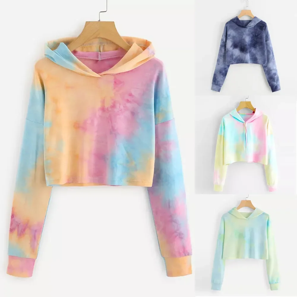 Vintage Women Tie Dye Printed Hoodies Colorful Patchwork Long Sleeve Sweatshirt Fashion Fresh Pullover Short Tops Moletom