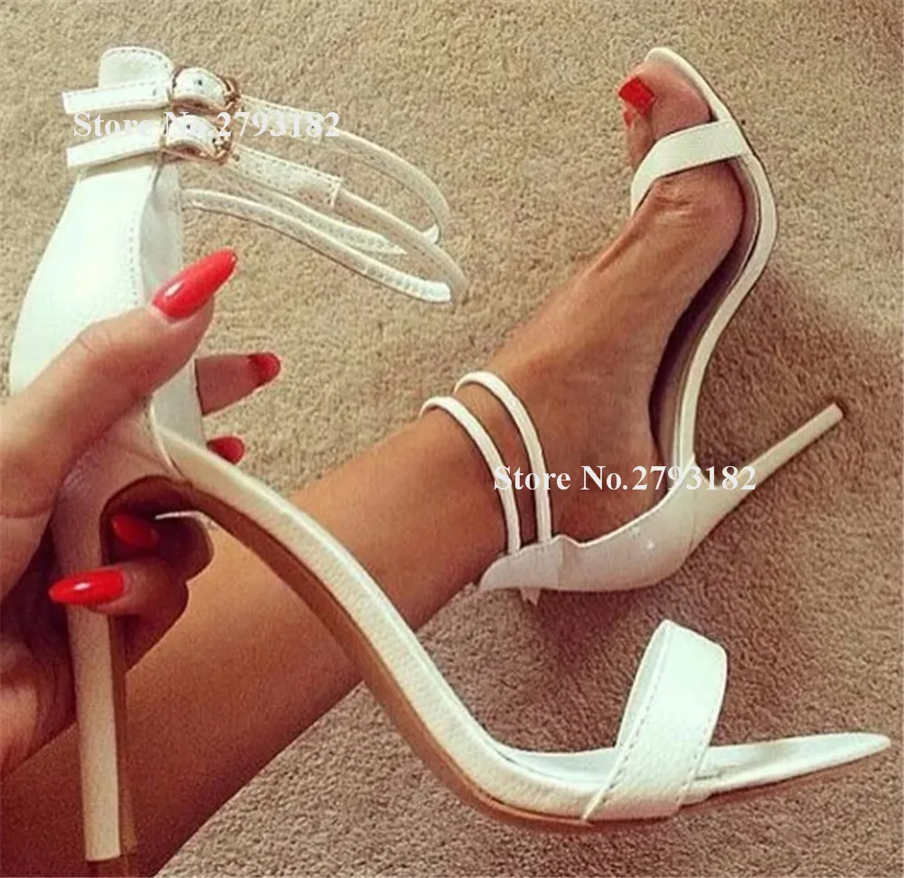 

Женские модные белые кожаные босоножки на высоком каблуке с открытым носком, сандалии на тонком каблуке с ремешком на щиколотке, деловые модельные туфли