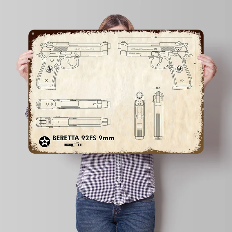 BERETTA 92FS 9 Mm Handgun Poster Customized Vintage Metal Signs Wall Art Retro Tin Plaque for Decoration Home Decorations House