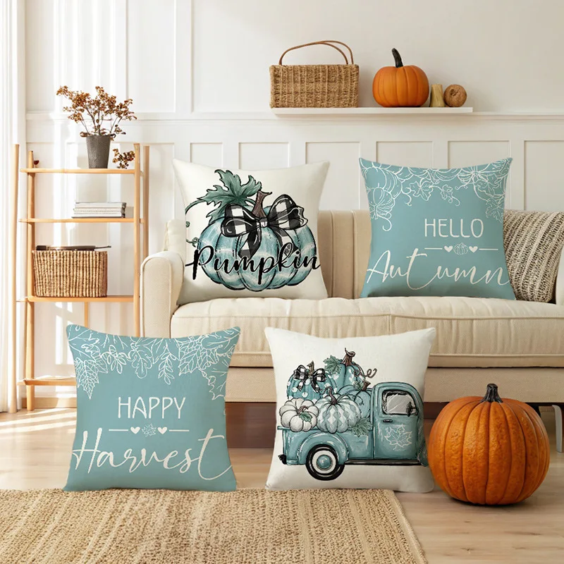 

2pcs 2025 Autumn Harvest Festival Push Pillow Cover Small Fresh Pillow Case 45*45cm Green Pumpkin Print Cushion Cover
