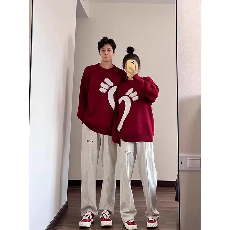 

Мужской свитер оверсайз 300 Pou красного цвета, вязаный, с принтом, теплый, из полиэстера, для пар, зимний, повседневный