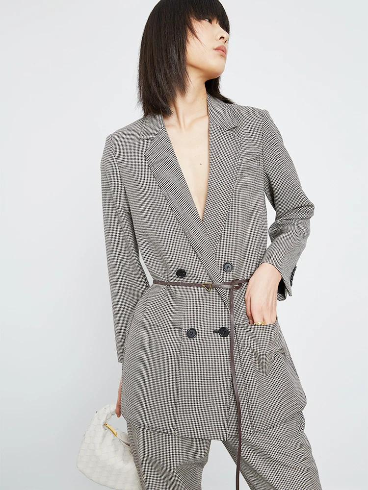 

way Women's Woolen Suit Jaet with Turn-up Cuffs Commute Profional Set Flared Nine-pointed Pants Mid-Length Coat