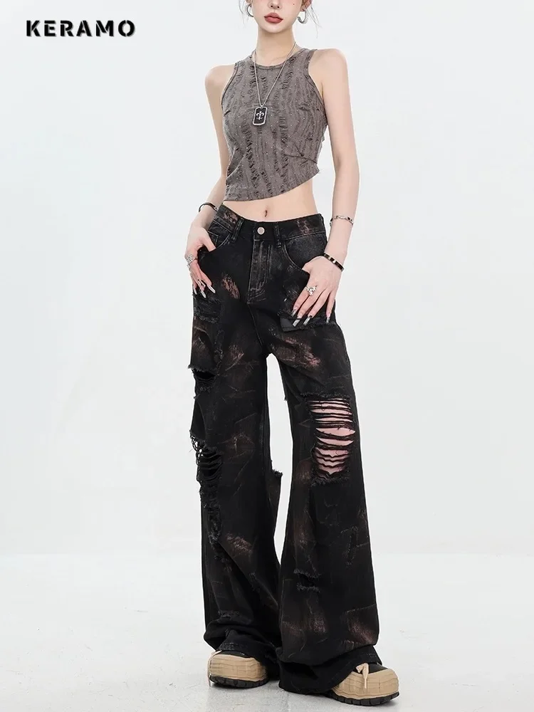 

American Retro Hotsweet High Waist Grunge Street Jean Gothic Hip-hop Punk Baggy Pants Women Emo Casual Y2K Washed Denim Trouser