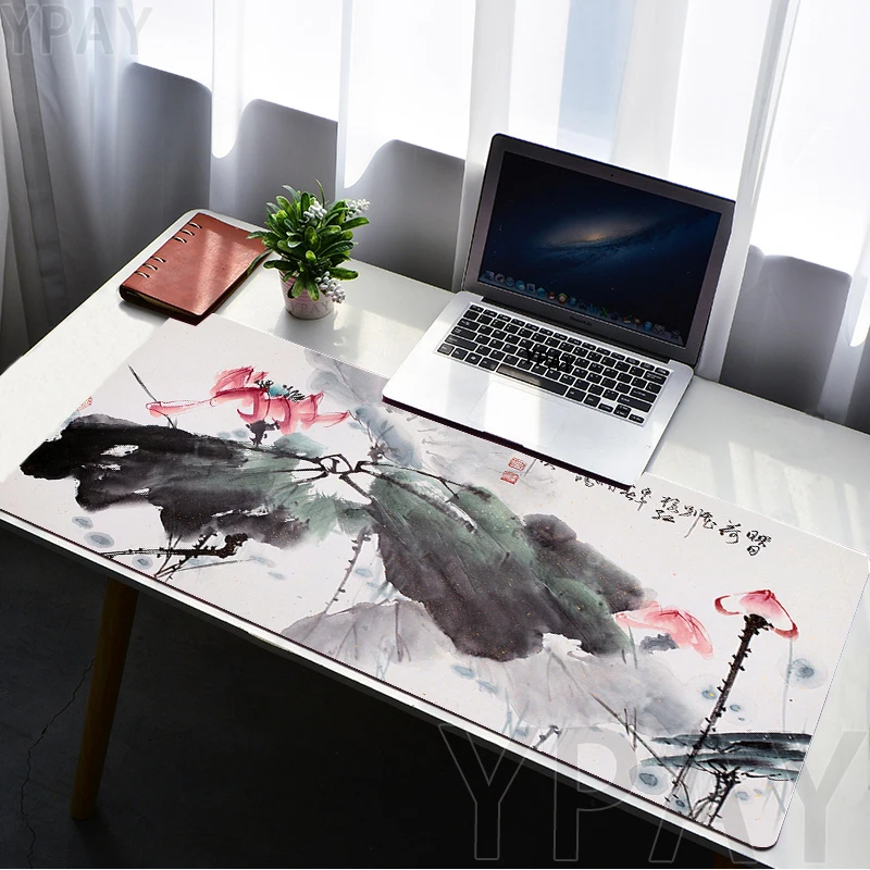 

Ink Painting Large Mouse Mat Gaming Mousepad Big Gamer Mousepads Chinese Lotus Rubber Keyboard Mats Deskpad Mouse Pads Lock Edge