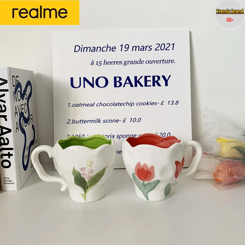 

Realme Vintage Flower White Ceramic Coffee Mug Cup Kitchen Breakfast Drinking Milk Tea Cup Wedding Home Decor Couple Gifts Mug
