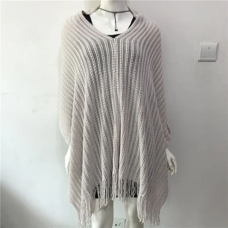 Spring Autumn Pullover Sweater Knitwear Geometric Splicing Loose Poncho Cape Women Coat Cloak Shawl Sunscreen Beige Shawl