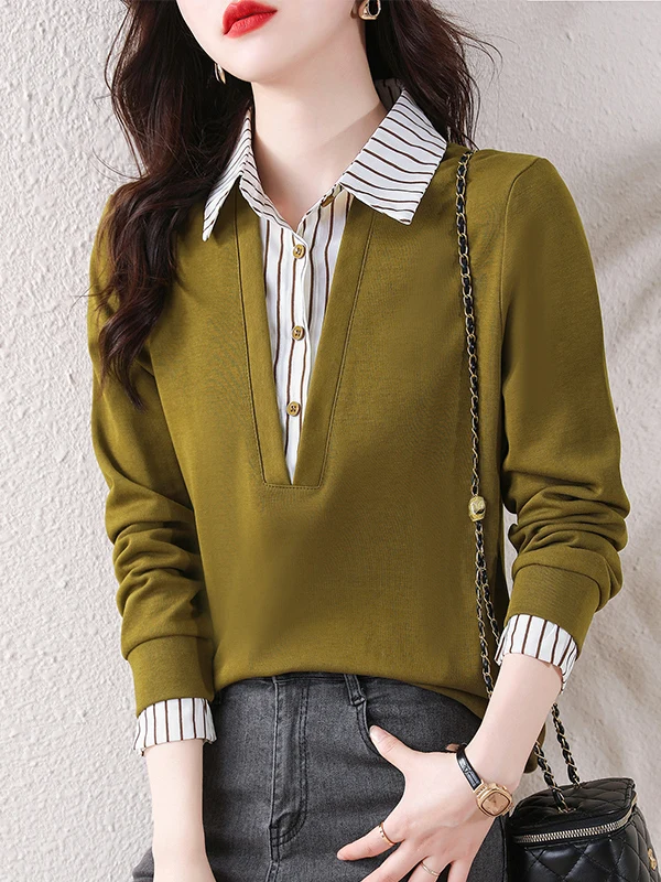 2025 خريف جديد مخطط الربط بأكمام طويلة القطن الخالص قميص بولو طوق وهمية قطعتين هوديي #4