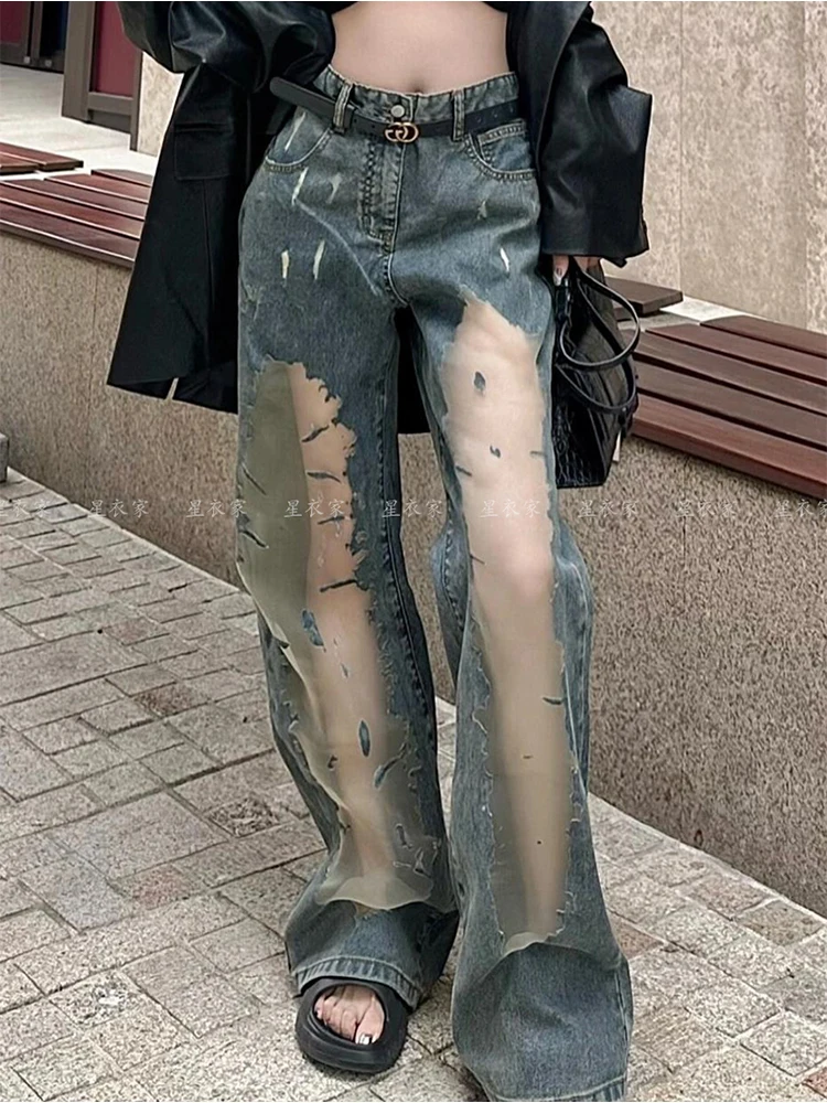 Women Mesh Patchwork Y2k Jeans Harajuku Oversize Denim Trousers Y2k Jean Pants Vintage Japanese 2000s Style Trashy Clothes 2024