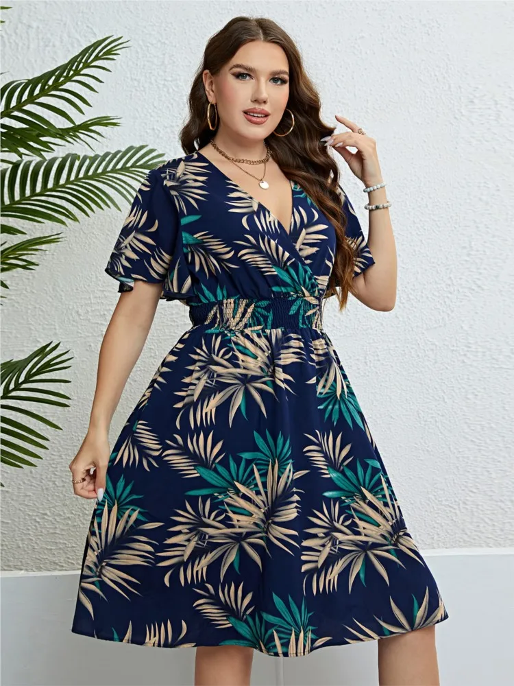 

2025 New Floral Print V-neck Women's Dress Short Ruffle Sleeve Robe Casual Stylish Elegant Women's Knee-length Dress