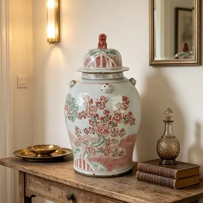 Vintage Red Green Plum Blossom Ceramic Ginger Jar with American Retro Lion Lid Four Beast Head Handles Large Storage