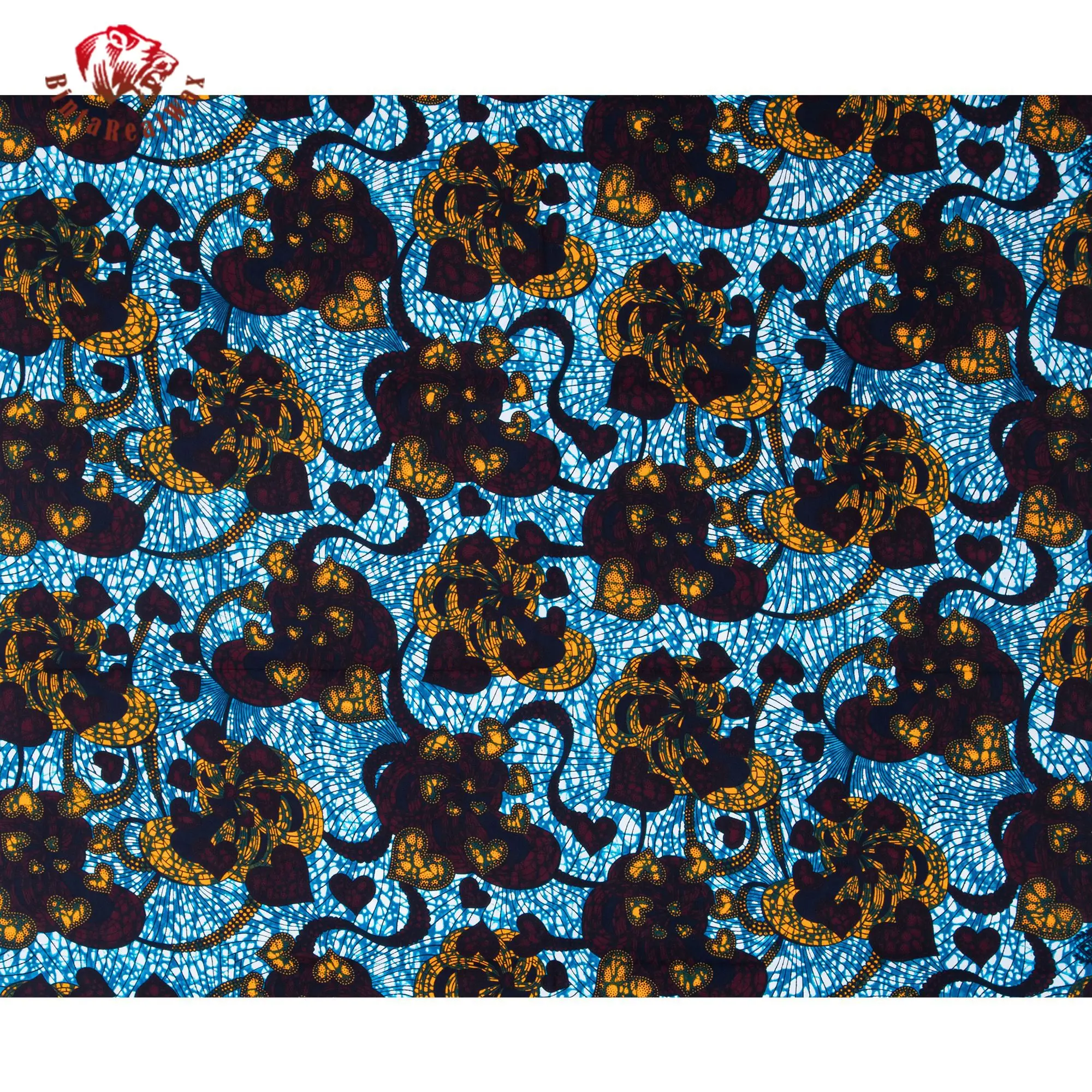 African Wax Print Fabric Vibrant Blue Gold Floral Pattern, High-Quality Cotton Ankara Fabric for Dress, Skirt, Headwrap 24FS1614 view 2