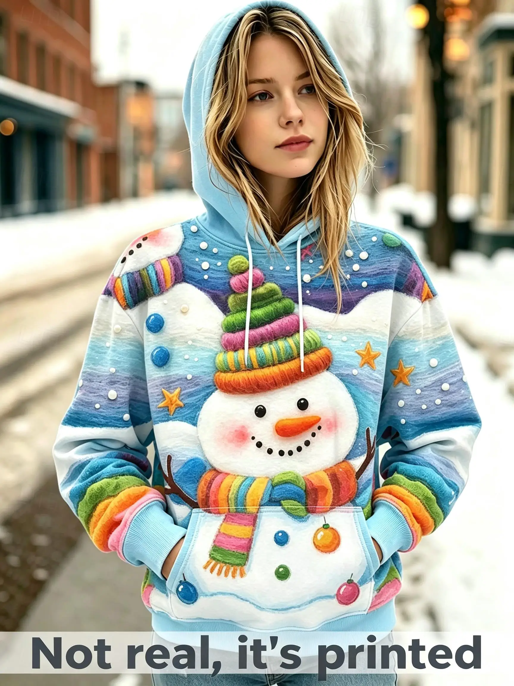Women Felt Effect Christmas Cartoon Pattern Fleece Hoodie Warm Long Sleeve Casual Hooded Pullover Sweatshirt