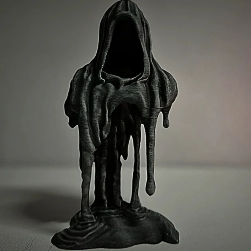 3D Printed Statues Faceless Hooded Wraith Silhouette Matte Charcoal Black Melting Fluid Droplets for Tabletop Ornament Desk