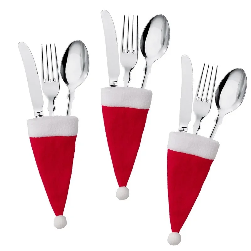 2PCS Christmas Decorations Santa Hat Mini Velvet Hat Knife and Fork Set Centerpiece