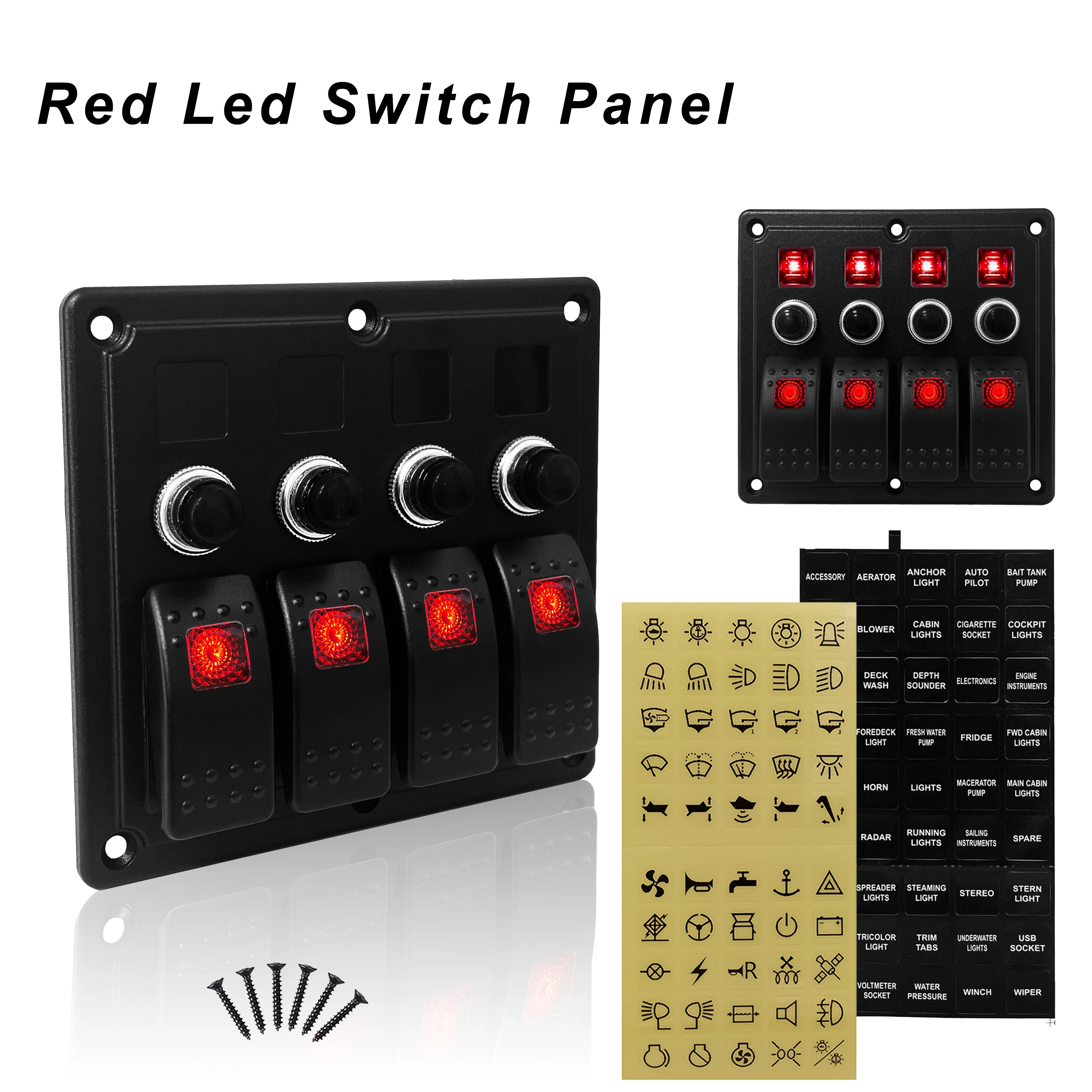 12V 4 Gang Boat Switch Panel On Off Red Led Rocker Switches 5A /10A / 15A Circuit Breakers for Car Boat Caravan RV Accessories