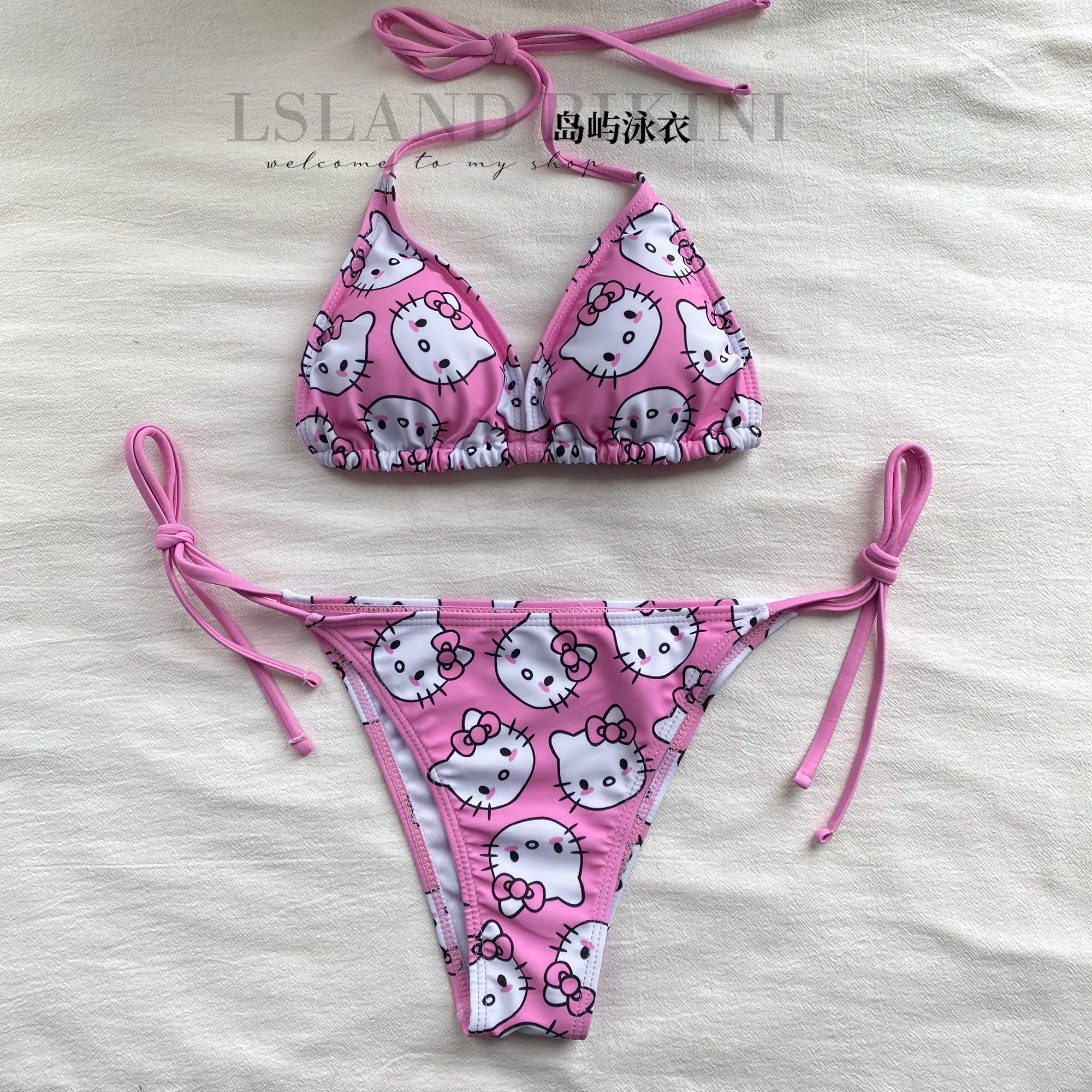 

Sanrio Hello Kitty Woman's Bikini Set Summer Beach Soft Side Strappy Panties Swimsuit Cute Cozy Y2K Anime Summer Bathing Suit