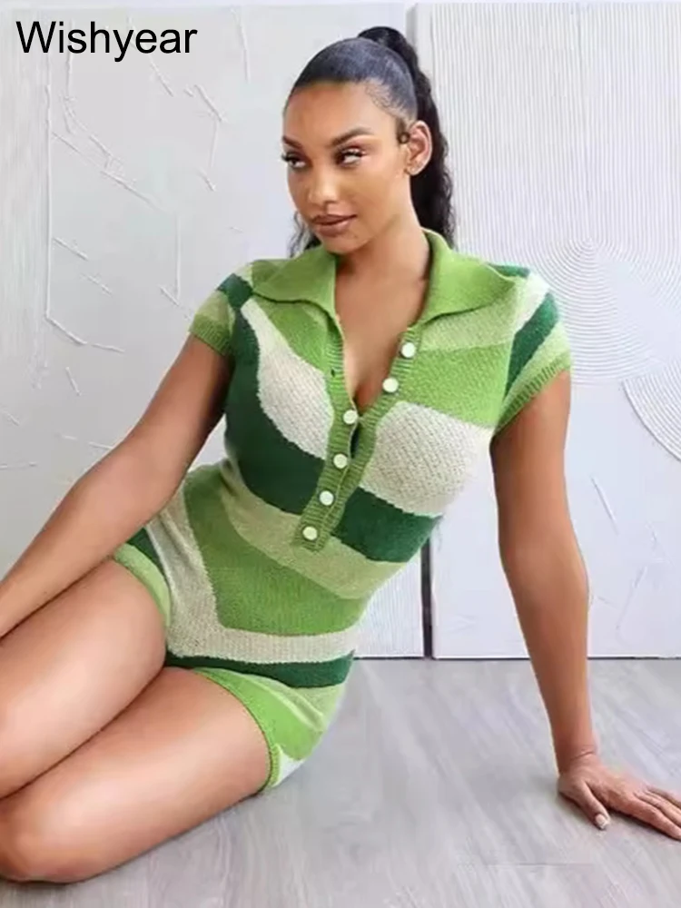 Elegant Knitted Patchwork Bodycon One Piece Rompers Women Lapel Short Sleeve Green Playsuits Sexy Night Club Birthday Overalls