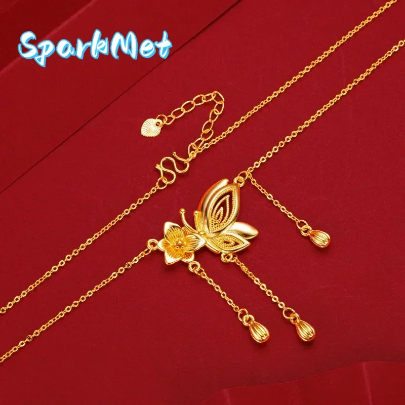 

Рождественская бабочка из желтого золота 24 карата с ожерельем с кисточками, ожерелье из настоящего золота 9999, модное ожерелье на день рождения, свадьбу, изысканный еврейский шарм