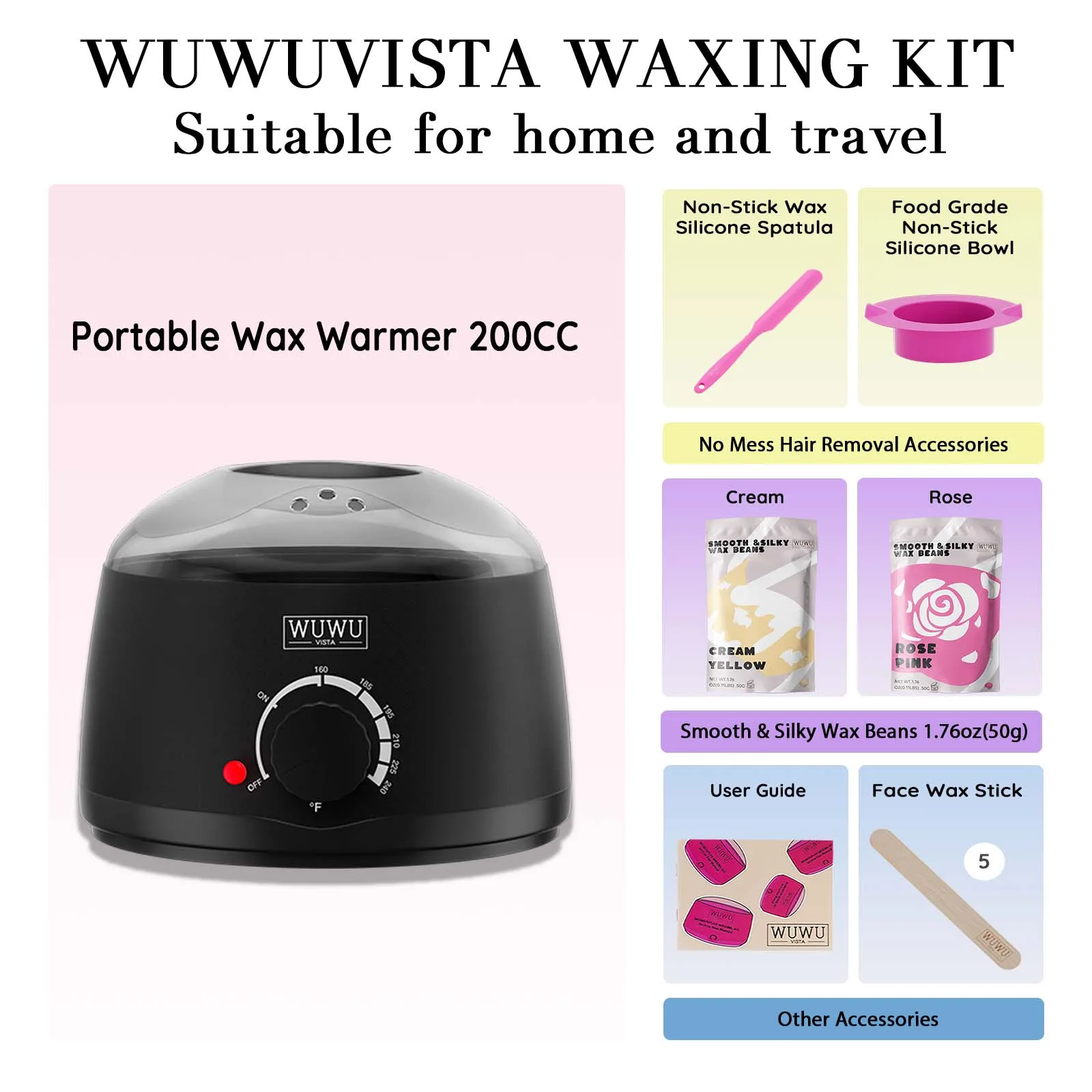 Waxing Kit WUWUVISTA Hair Removal Wax Kit Wax Melt Warmer Waxing Beads Face/Brazilian/Full Body/Bikini/Sensitiive skin(11 items)