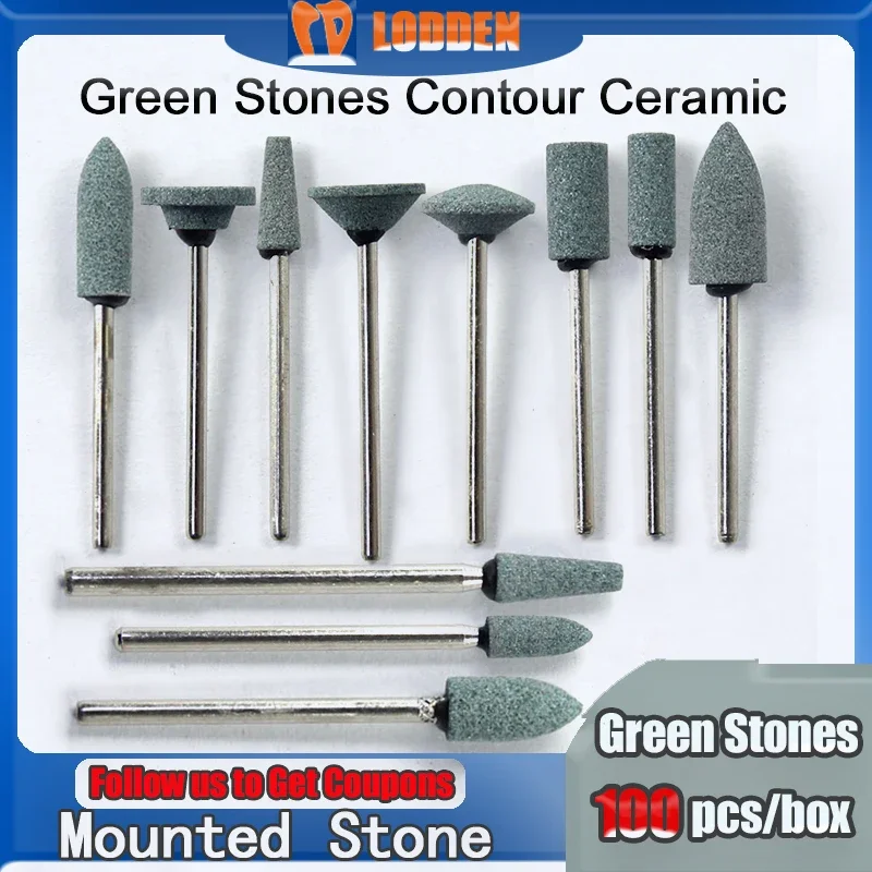 LODDEN 100pcs/box Dental Green Stone HP for Contour Ceramic Grind Polish Dental Material Drill Dental Tools Material Dentistry