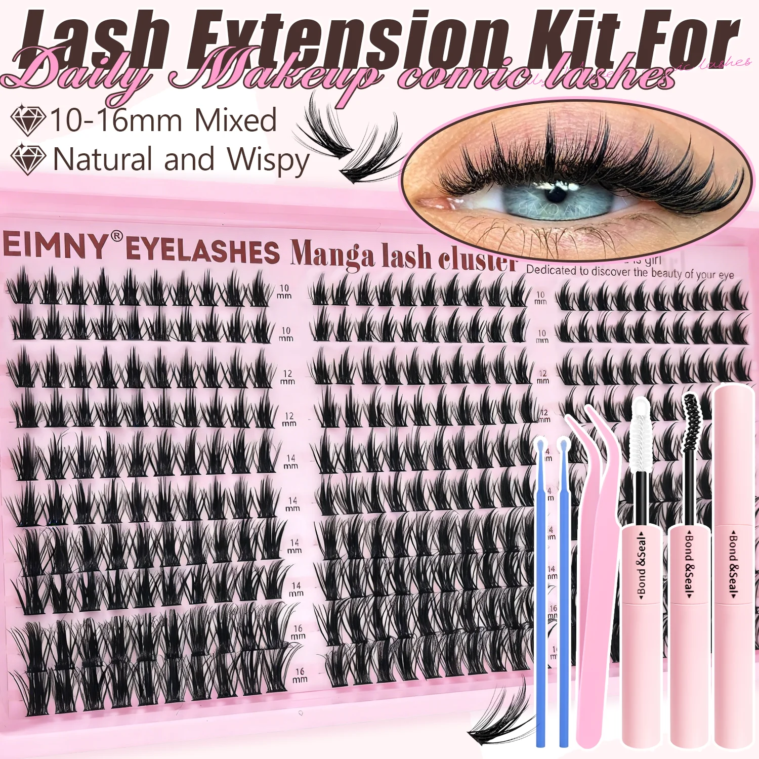 EIMNY 300 Stück Wimpernverlängerungen im Little Devil-Stil, 10–16 mm, inklusive Kleber, Pinzette, Wattestäbchen, Manga-Wimpern, natürlich, voluminös – Detail 2