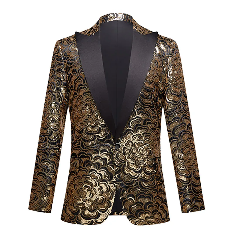 

HOO 2024 Men's Golden Rose Sequined blazer Stage Performance Photo Studio Photography Slim Fit Leisure blazers