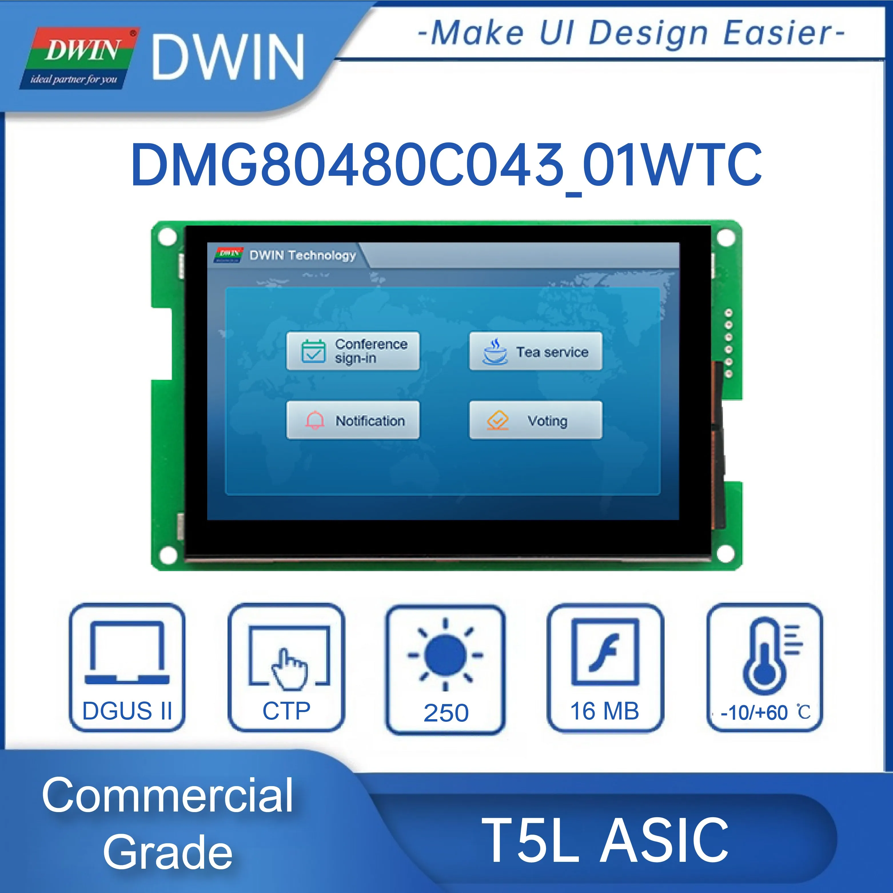 DWIN 4,3-calowy inteligentny wyświetlacz HMI IPS Moduł LCD Ekran Pojemnościowy rezystancyjny panel dotykowy Łączenie Arduino DMG80480C043_01W