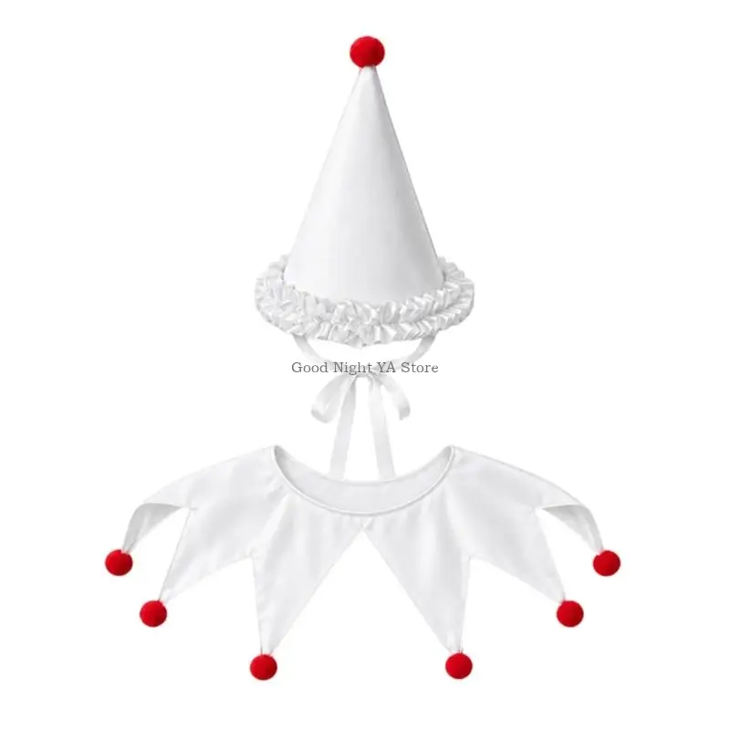 Coordinated Pointed Hat and Collar Costume Set with Contrast Ball Accents for Parties, Celebrations, and Photography