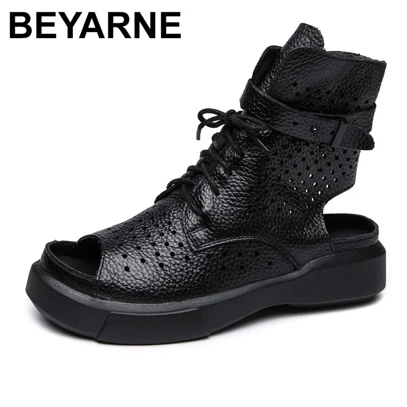 

BEYARNE Fashion Ladies Sandals Hollow Out Gladiator Sandals Women Flats Open Toe Genuine Leather Summer Cool Boots