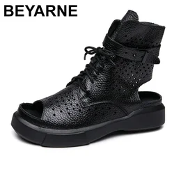 BEYARNE Sandali da donna alla moda Scava fuori Sandali gladiatore Scarpe basse da donna Stivali estivi estivi in vera pelle con punta aperta